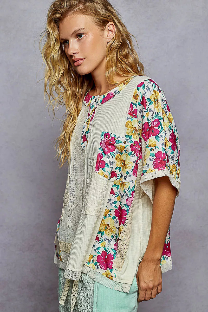 POL Lace Round Neck Short Sleeve Floral Pattern Top with Patch Detail - Tigbul's Variety Fashion Shop