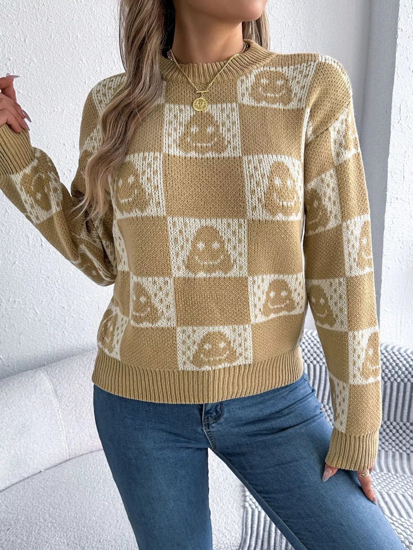 Halloween Ghost Pattern Checkered Round Neck Sweater - Tigbul's Variety Fashion Shop