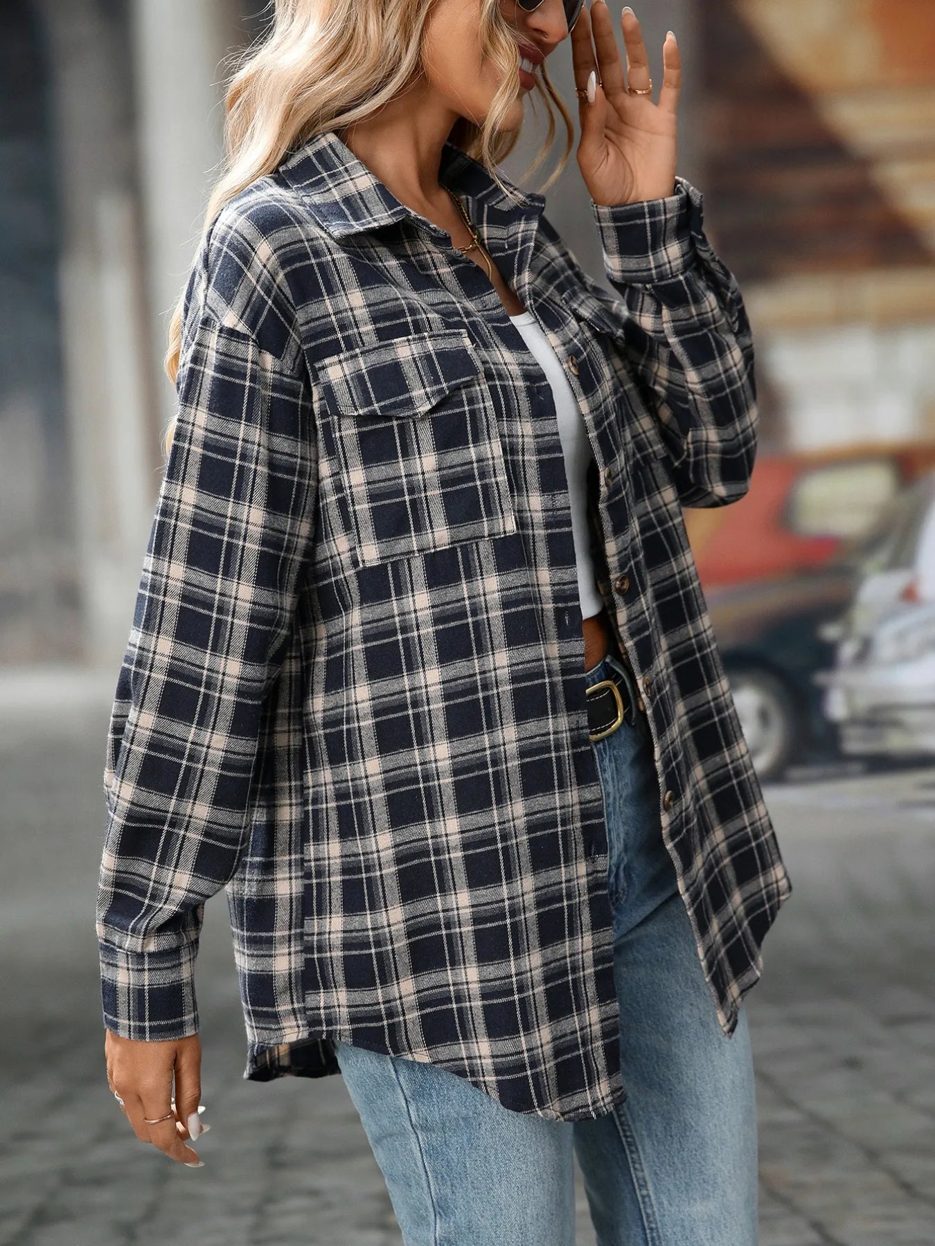 Plaid Button-Down Oversized Shirt - Tigbul's Variety Fashion Shop
