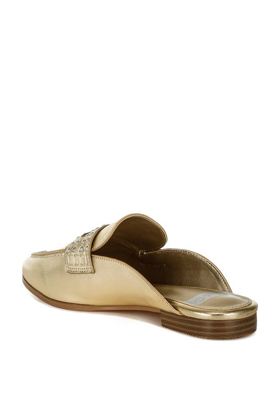 Size US 10 Gold Stud Detail Metallic Pleather Mules - Tigbul's Variety Fashion Shop