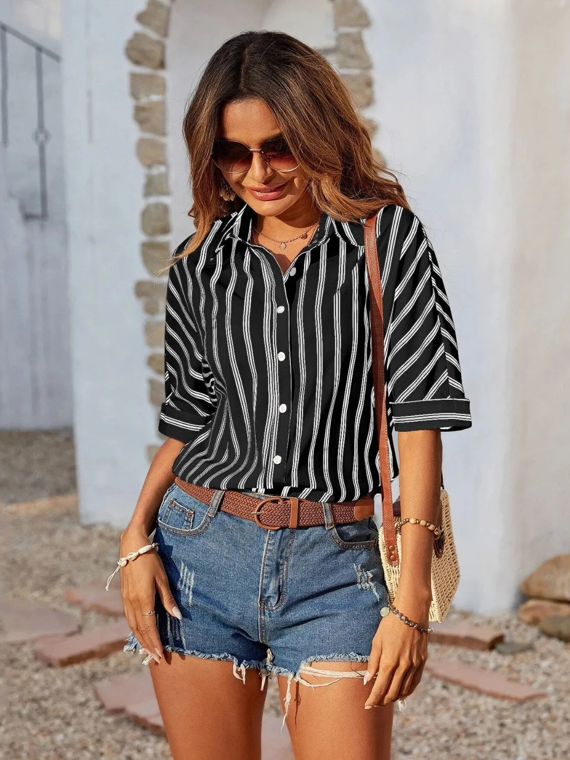 Striped Collared Neck Half Sleeve Shirt - Tigbul's Variety Fashion Shop