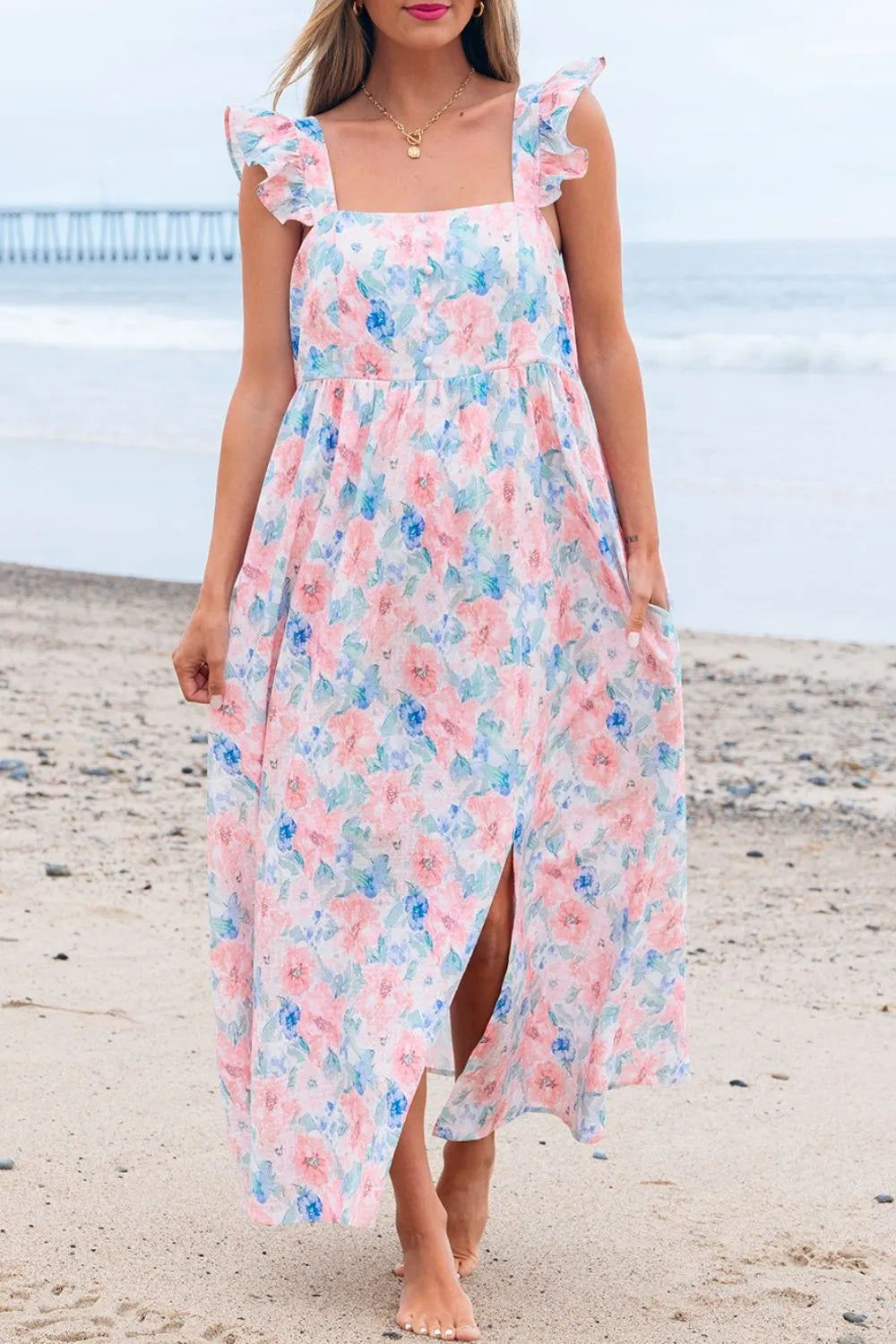Pink Floral Colorblock Flutter Straps Flowy Dress - Tigbul's Variety Fashion Shop