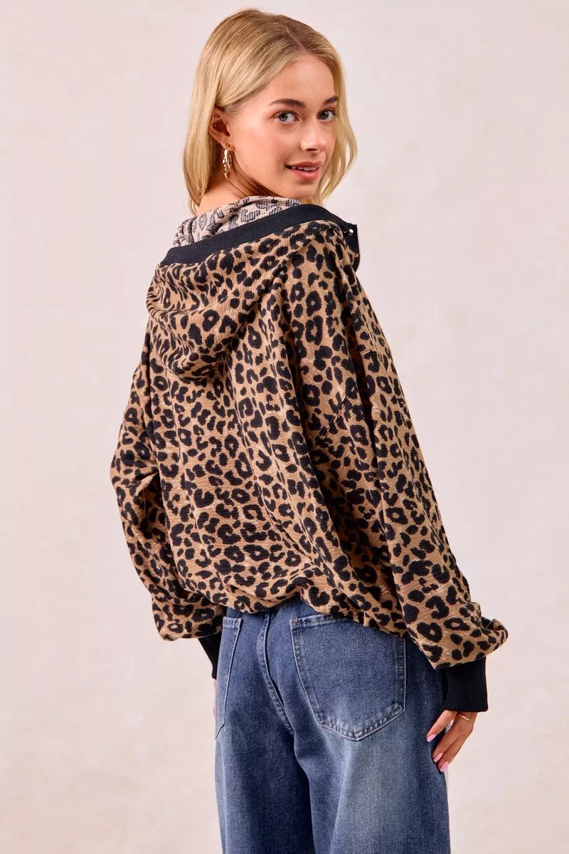 BiBi Leopard Print Waffle Half Zip Up Hoodie W Pocket - Tigbul's Variety Fashion Shop