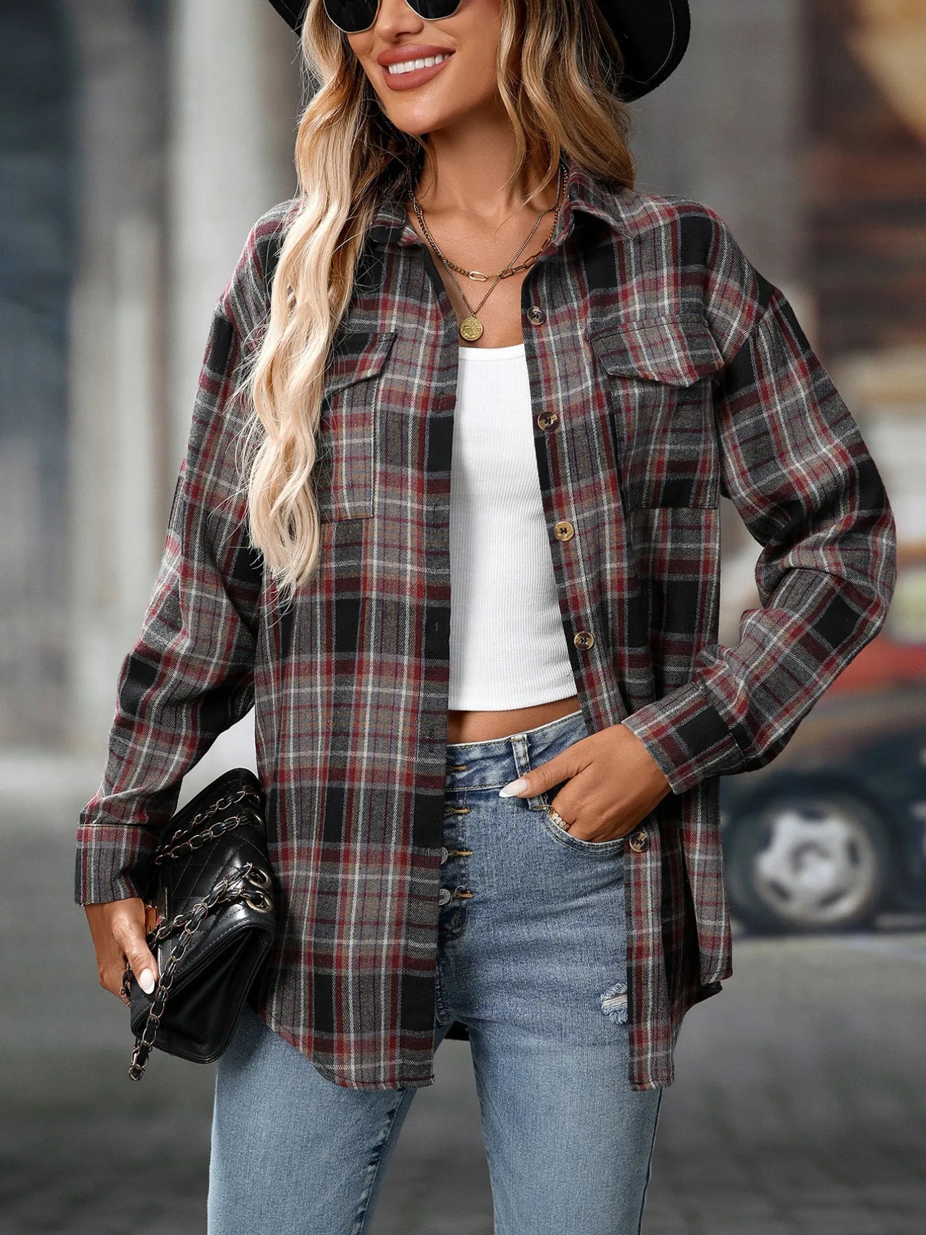 Oversized Plaid Button-Up Shirt - Tigbul's Variety Fashion Shop