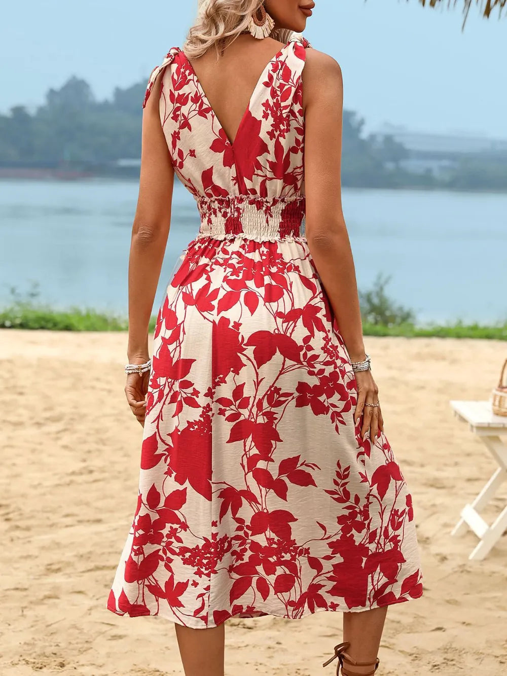 Red Smocked Printed Surplice Midi Dress - Tigbul's Variety Fashion Shop