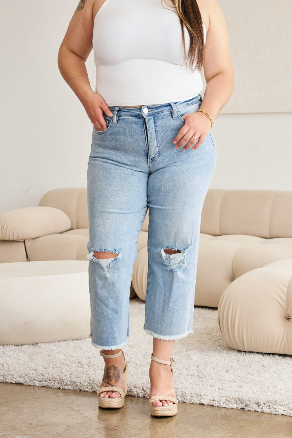 RFM Tummy Control High Waist Raw Hem Distressed Jeans - Tigbul's Variety Fashion Shop