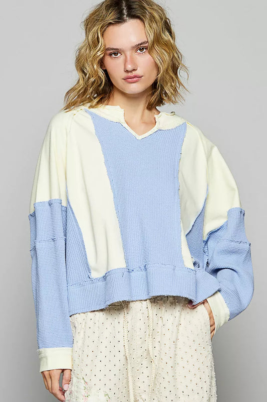 POL Color Block Waffle Knit Raw Hem Sweatshirt - Tigbul's Variety Fashion Shop