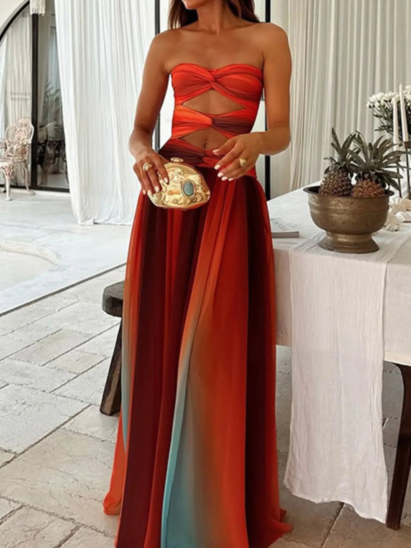 Strapless Cut-Out Rainbow Gradient Maxi Dress - Tigbul's Variety Fashion Shop