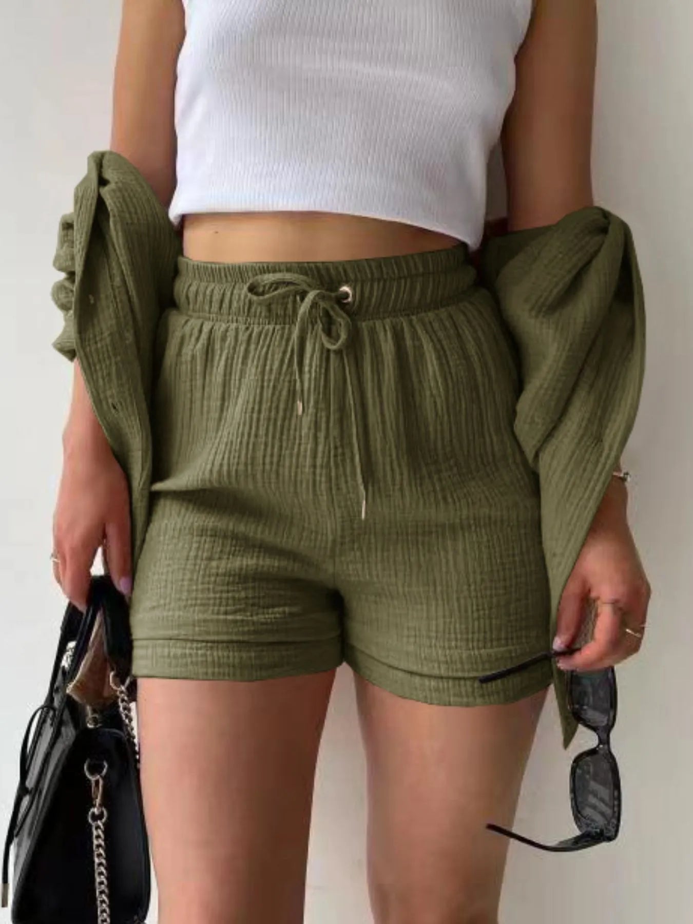 Textured Button Up Shirt and Shorts Set - Tigbul's Variety Fashion Shop