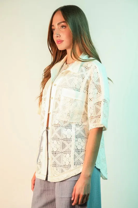 White Plus Size Oversized Crochet Button Down Shirt Top - Tigbul's Variety Fashion Shop