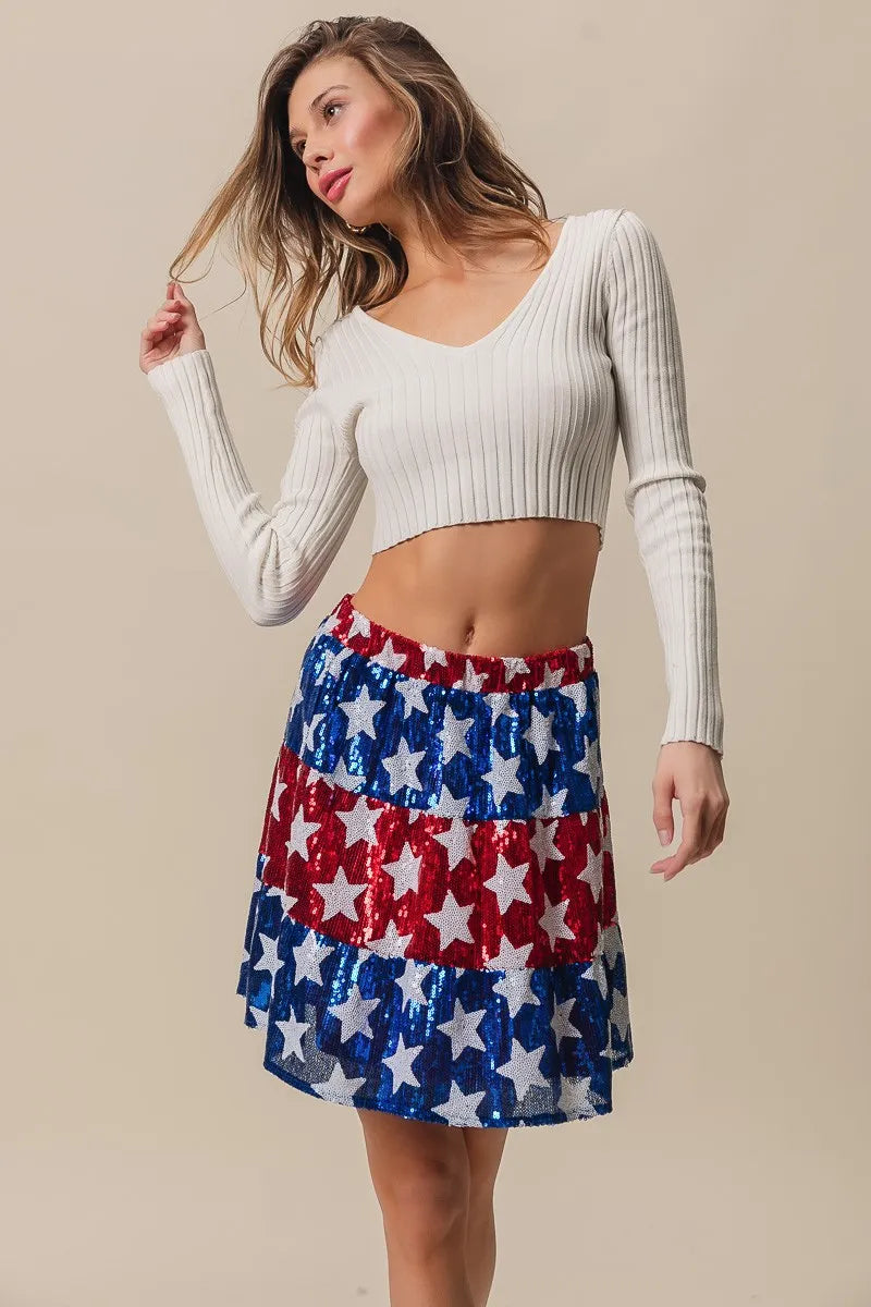 American Flag Theme Star Sequin Tiered Skirt - Tigbul's Variety Fashion Shop