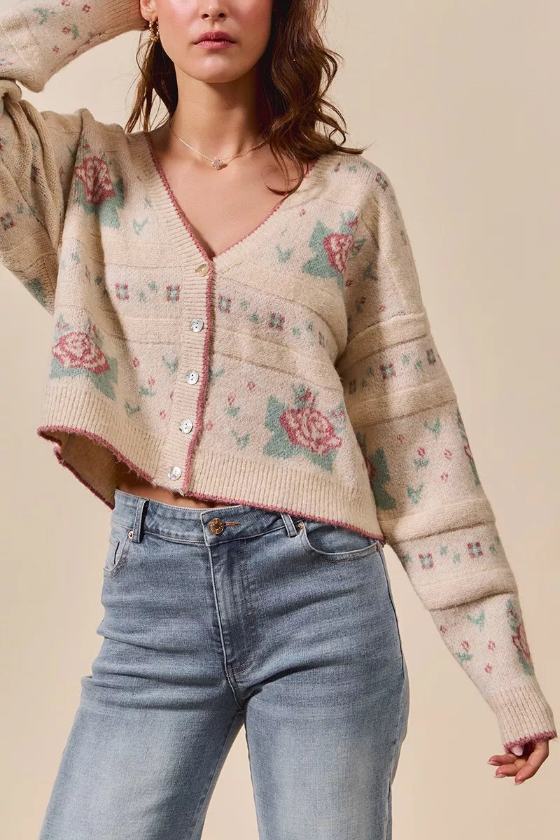 SO ME Floral Pattern Long Sleeve Button Sweater Cardigan - Tigbul's Variety Fashion Shop
