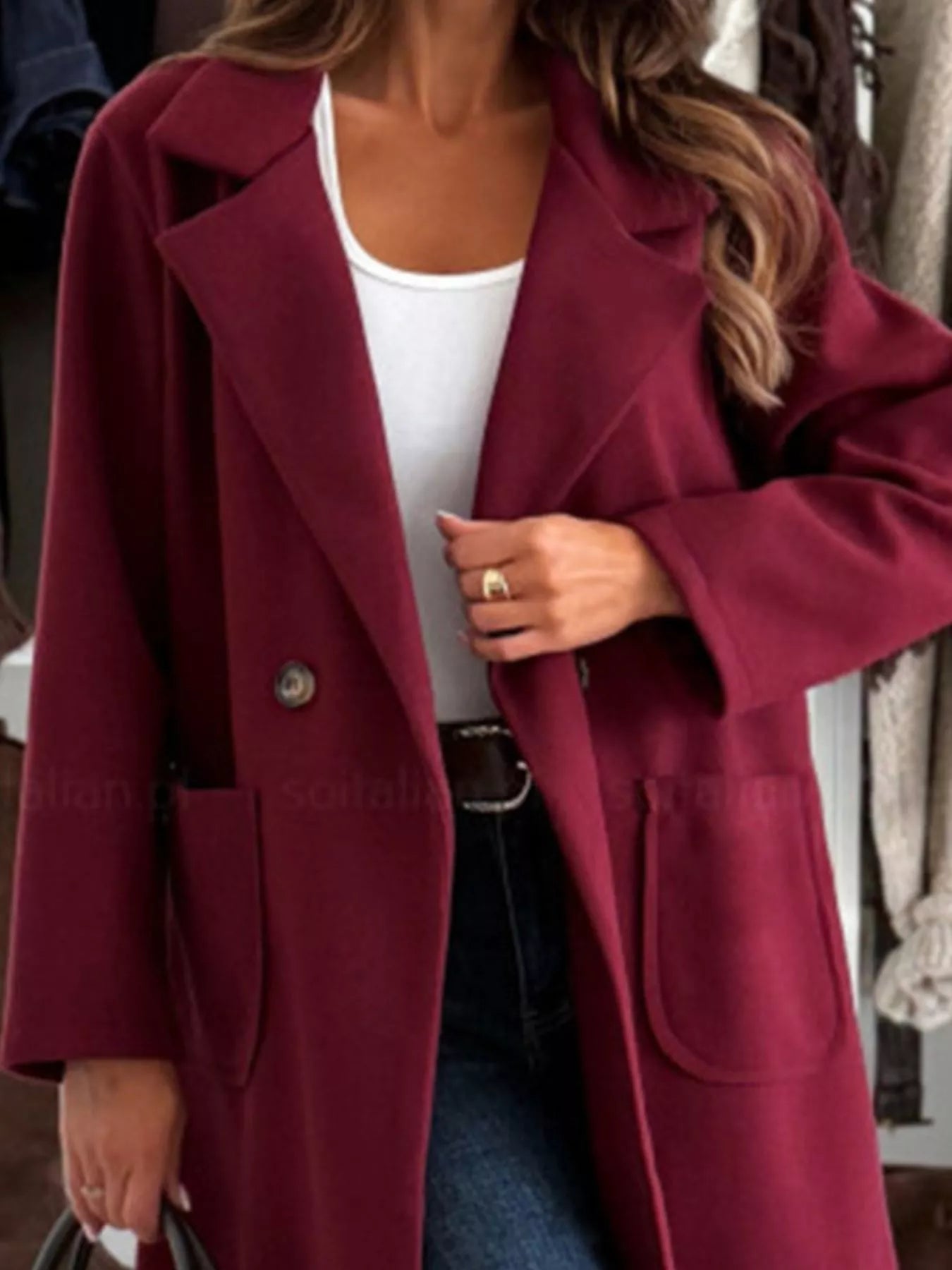 2XL Burgundy Long-Sleeve Single-Breasted Trench Coat - Tigbul's Variety Fashion Shop