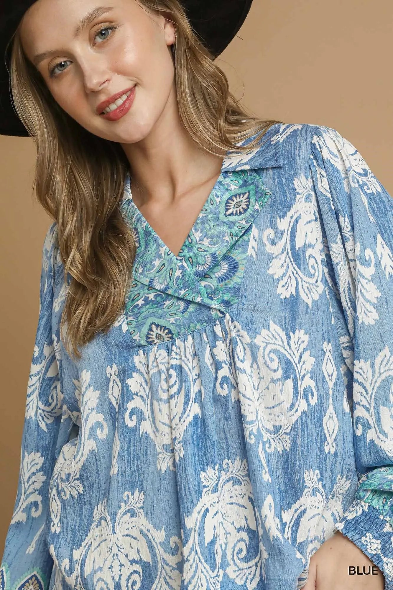 Umgee Printed Long Sleeve Blouse - Tigbul's Variety Fashion Shop