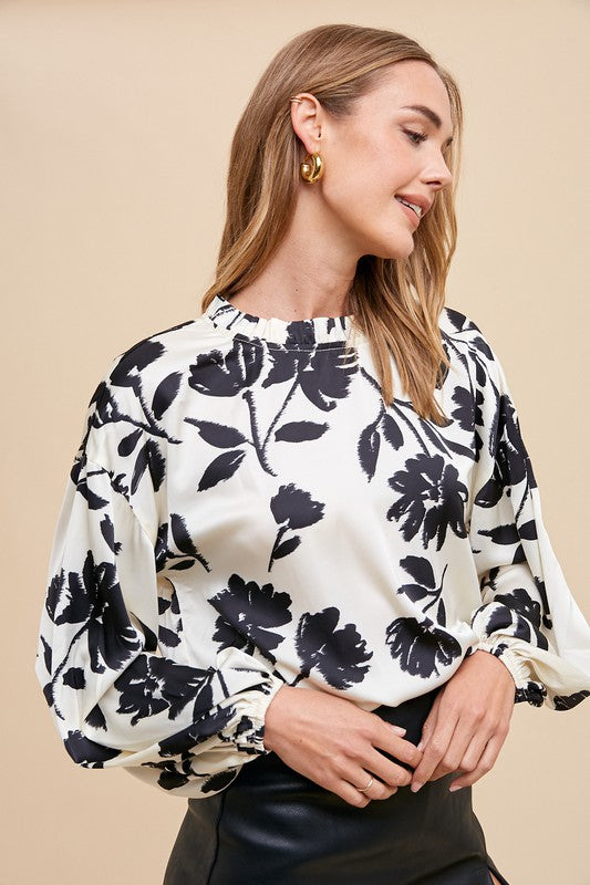 White Frill Printed Balloon Sleeve Blouse - Tigbul's Variety Fashion Shop