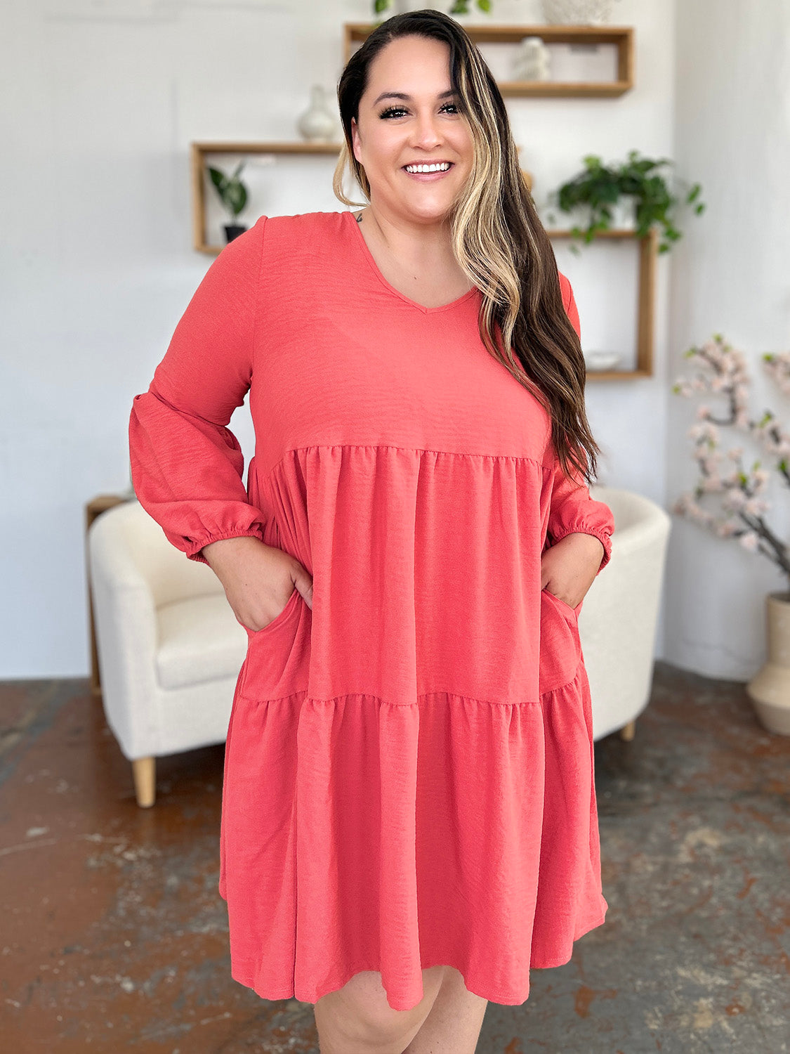 V-Neck Balloon Sleeve Tiered Dress with Pockets - Tigbul's Variety Fashion Shop