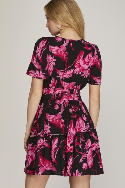 Black Printed Notched Short Sleeve Frill Tiered Dress - Tigbul's Variety Fashion Shop