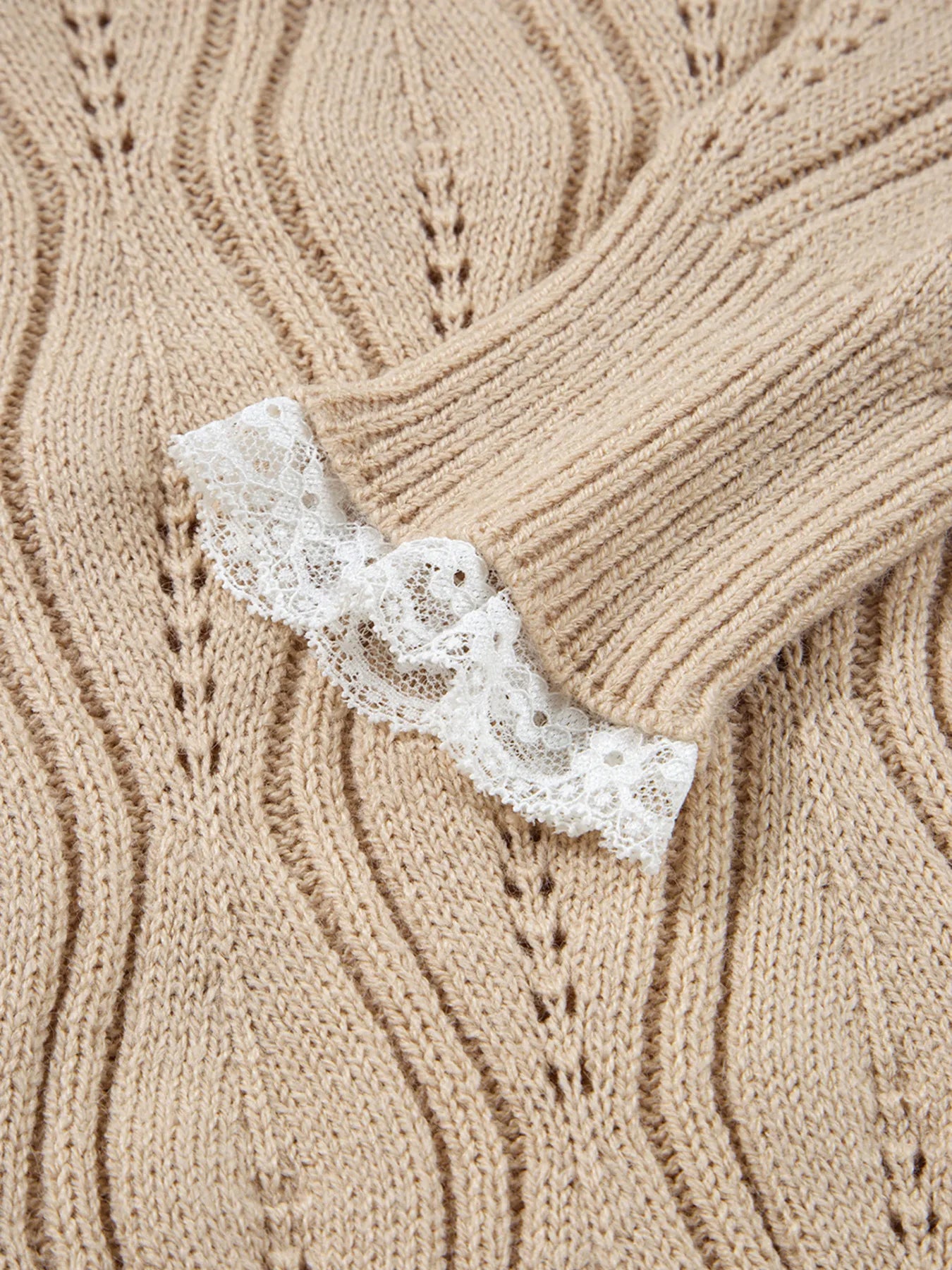 Pearl Beaded Pointelle Knit V Neck Lace Patchwork Sleeve Sweater - Tigbul's Variety Fashion Shop