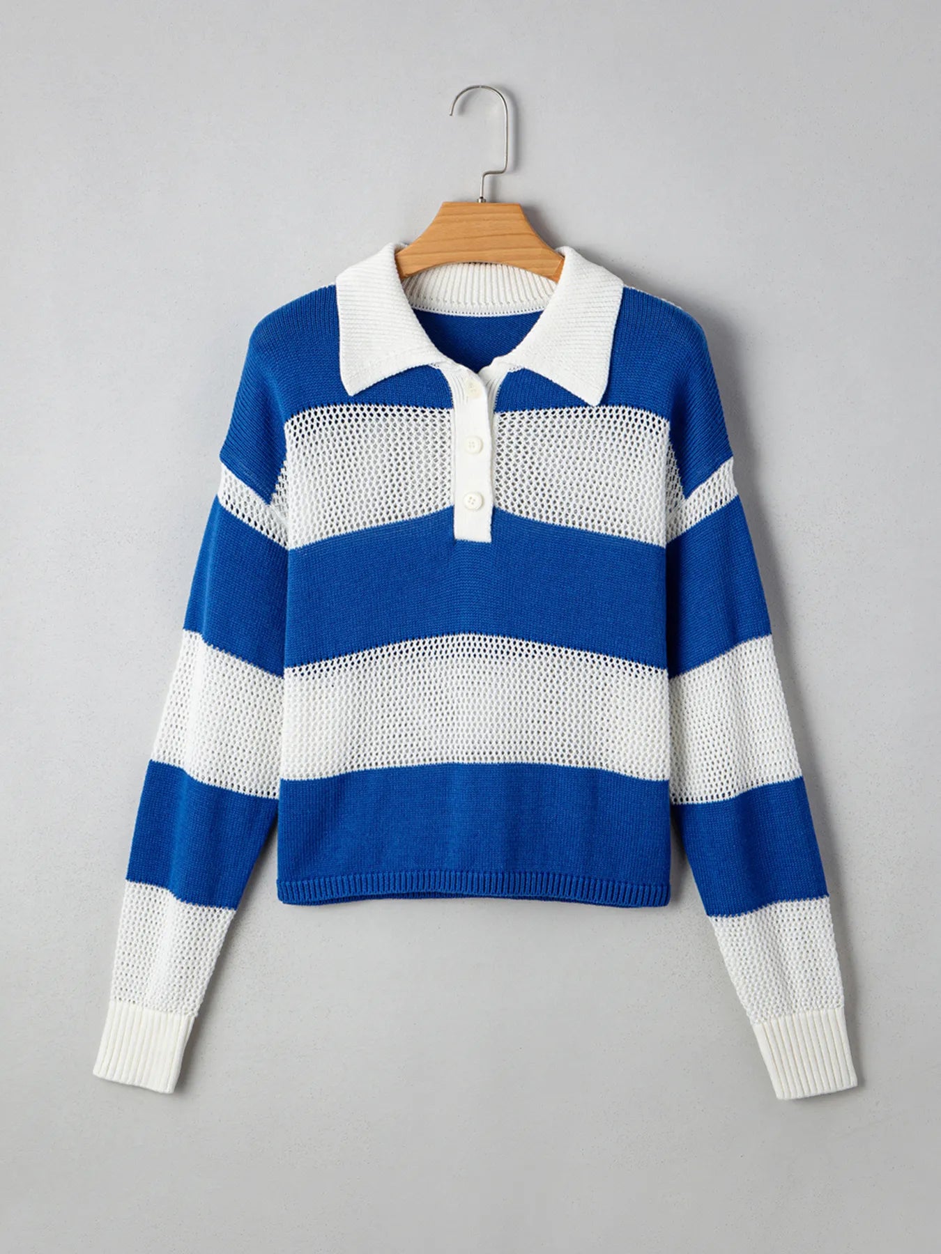 Stripe Colorblock Polo Collar Crochet Knitted Cover Up - Tigbul's Variety Fashion Shop