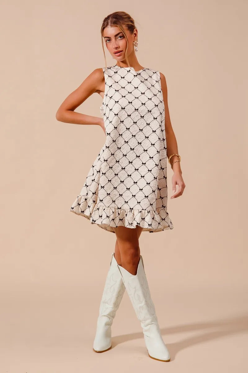 SO ME Texture Bow Printed Mini Ruffle Dress - Tigbul's Variety Fashion Shop