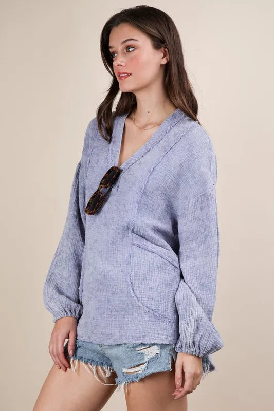 Blue Plus Size Washed Cotton Gauze Oversized Top - Tigbul's Variety Fashion Shop