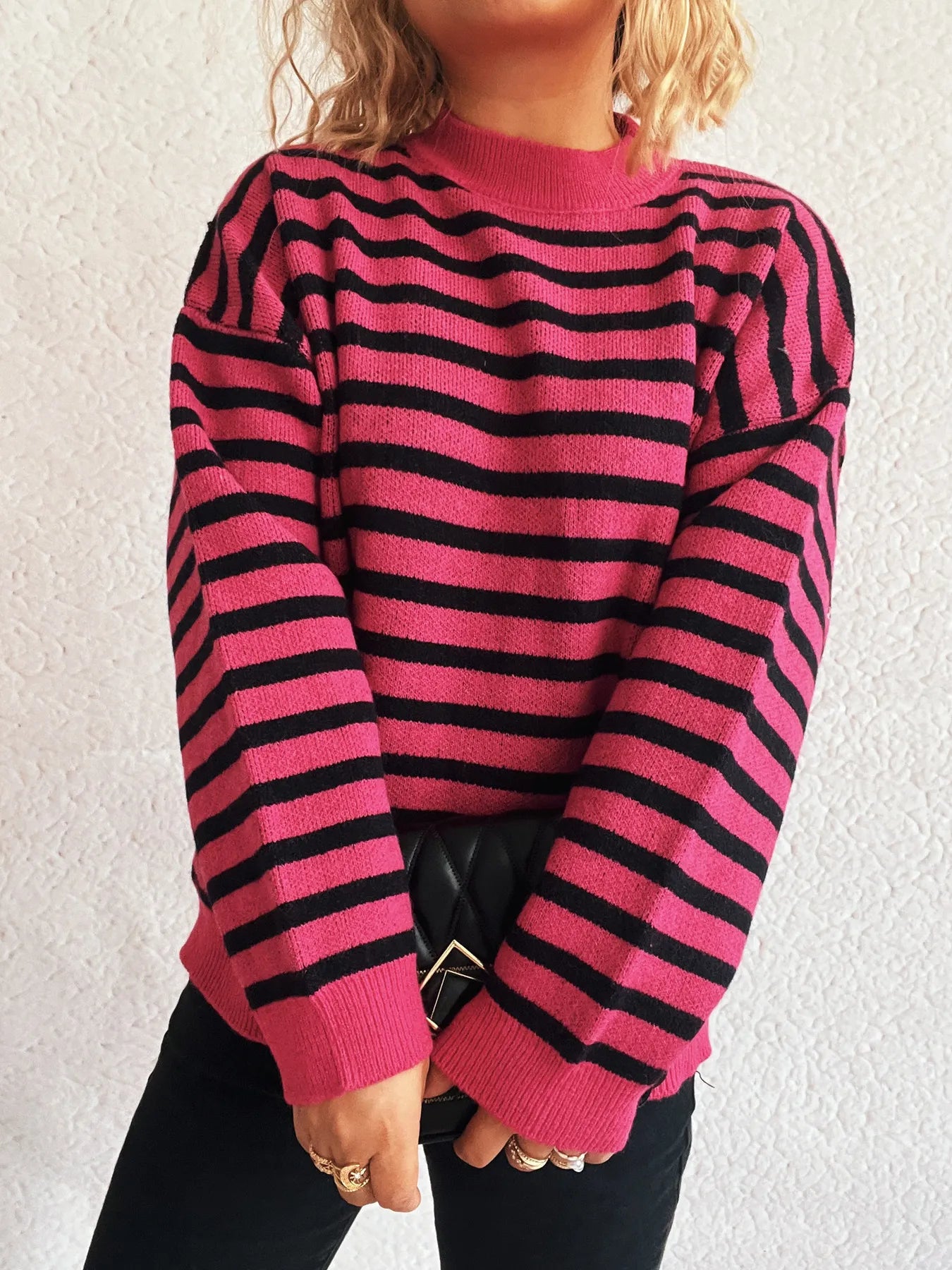Striped Mock Neck Long Sleeve Sweater - Tigbul's Variety Fashion Shop