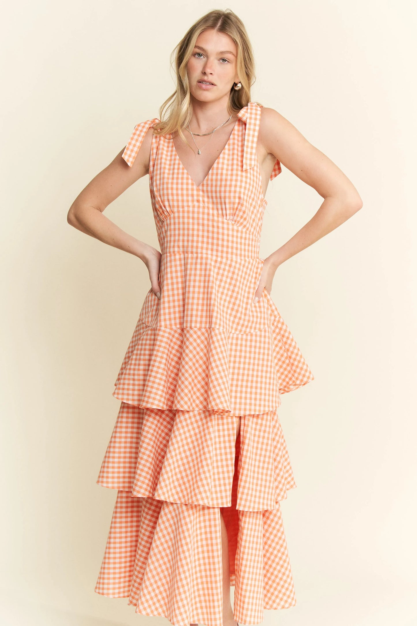 Orange Sleeveless Gingham Print Tiered Midi Dress - Tigbul's Variety Fashion Shop