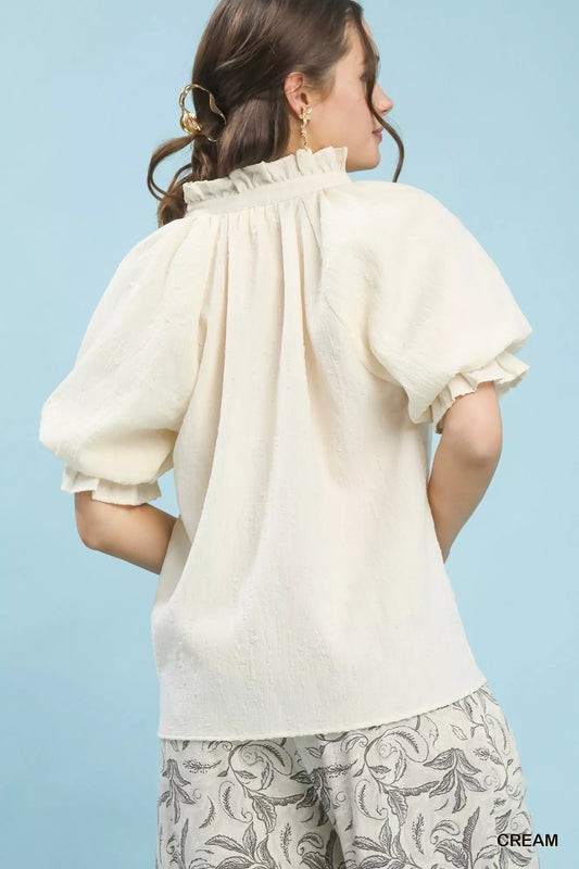 Umgee Textured Puff Sleeve Split Neck Top - Tigbul's Variety Fashion Shop