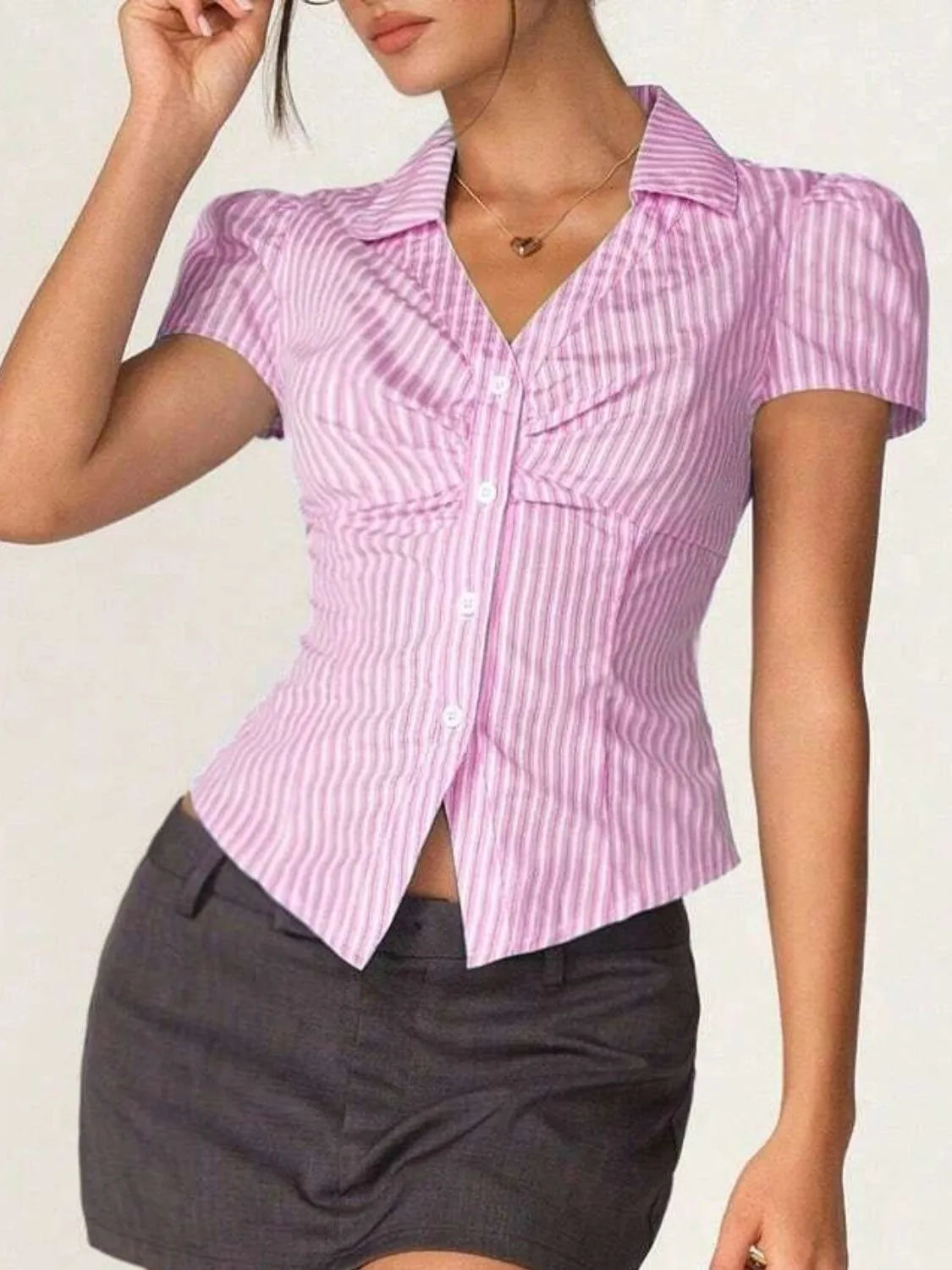 Striped Collared Neck Short Sleeve Shirt - Tigbul's Variety Fashion Shop