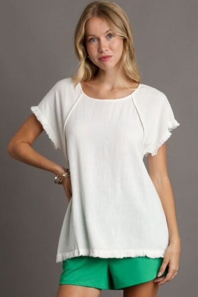 Off White Seam Detail Linen Ruffle Fringe Edge Top - Tigbul's Variety Fashion Shop