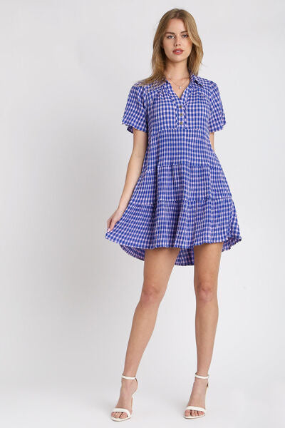 Blue Gingham Tiered Button Detail Short Sleeve Dress - Tigbul's Variety Fashion Shop