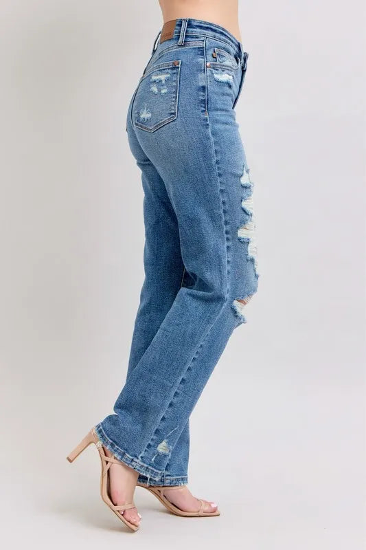 Judy Blue Full Size High Waist Heavy Destroy Straight Jeans Plus Size - Tigbul's Variety Fashion Shop