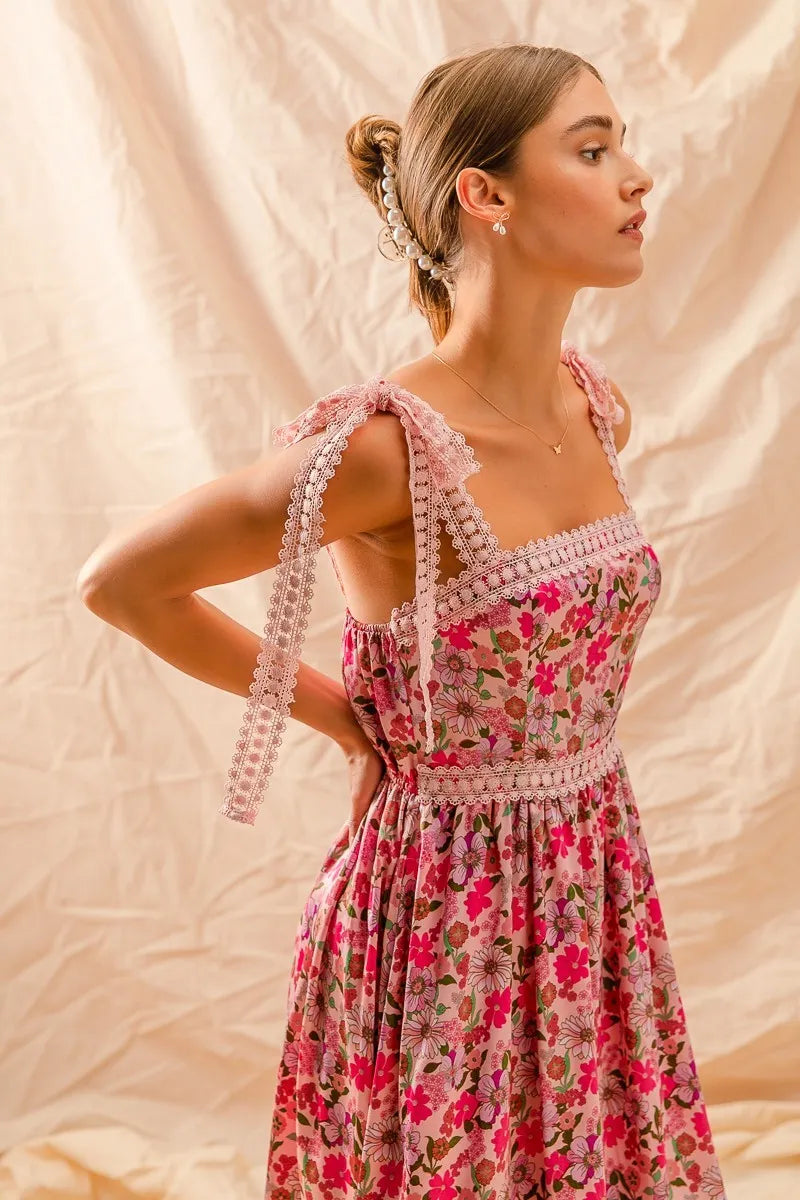 SO ME Floral Maxi Dress With Ribbon Tie Lace Strap - Tigbul's Variety Fashion Shop