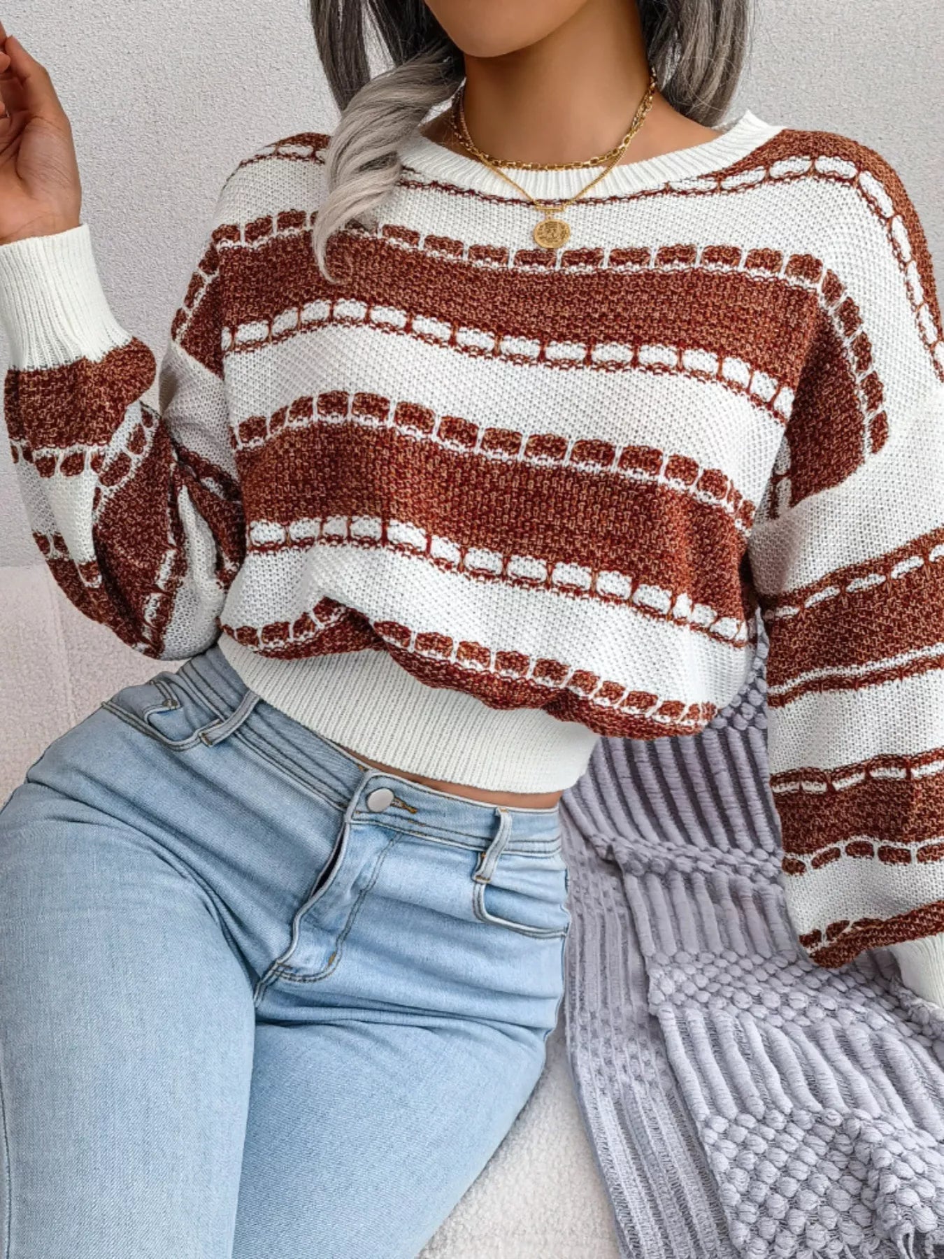Color Block Round Neck Cropped Sweater - Tigbul's Variety Fashion Shop