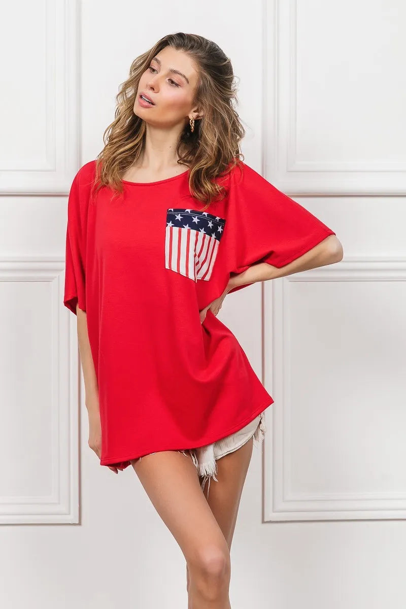 Red French Terry With Front Pocket Dolman Sleeves Top - Tigbul's Variety Fashion Shop