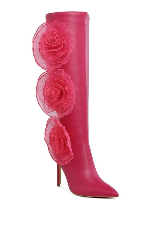 Chinkara Sheer Big Rose Detail Long 4" High Heel Boots - Tigbul's Variety Fashion Shop