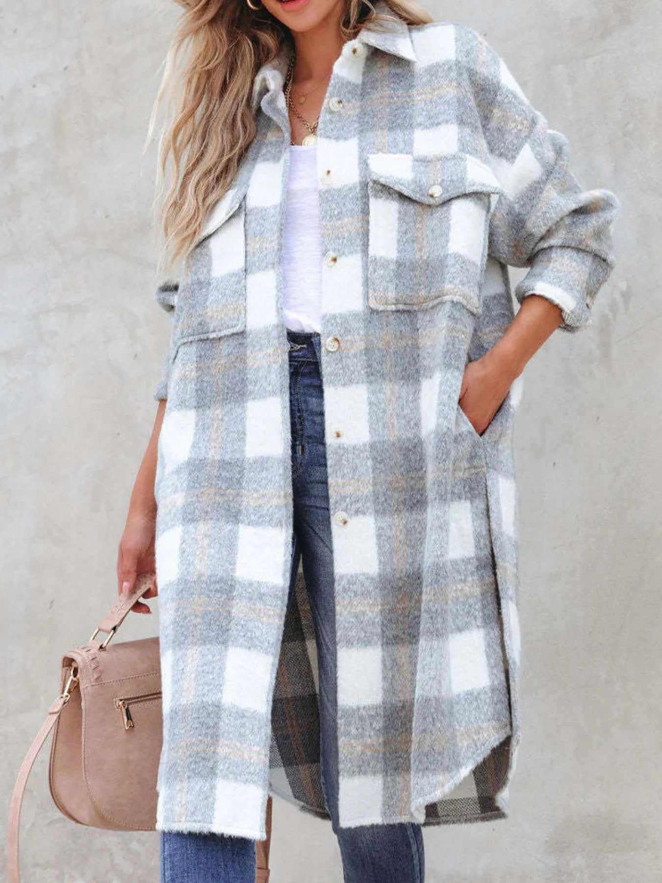 Oversized Plaid Button Up Longline Jacket - Tigbul's Variety Fashion Shop