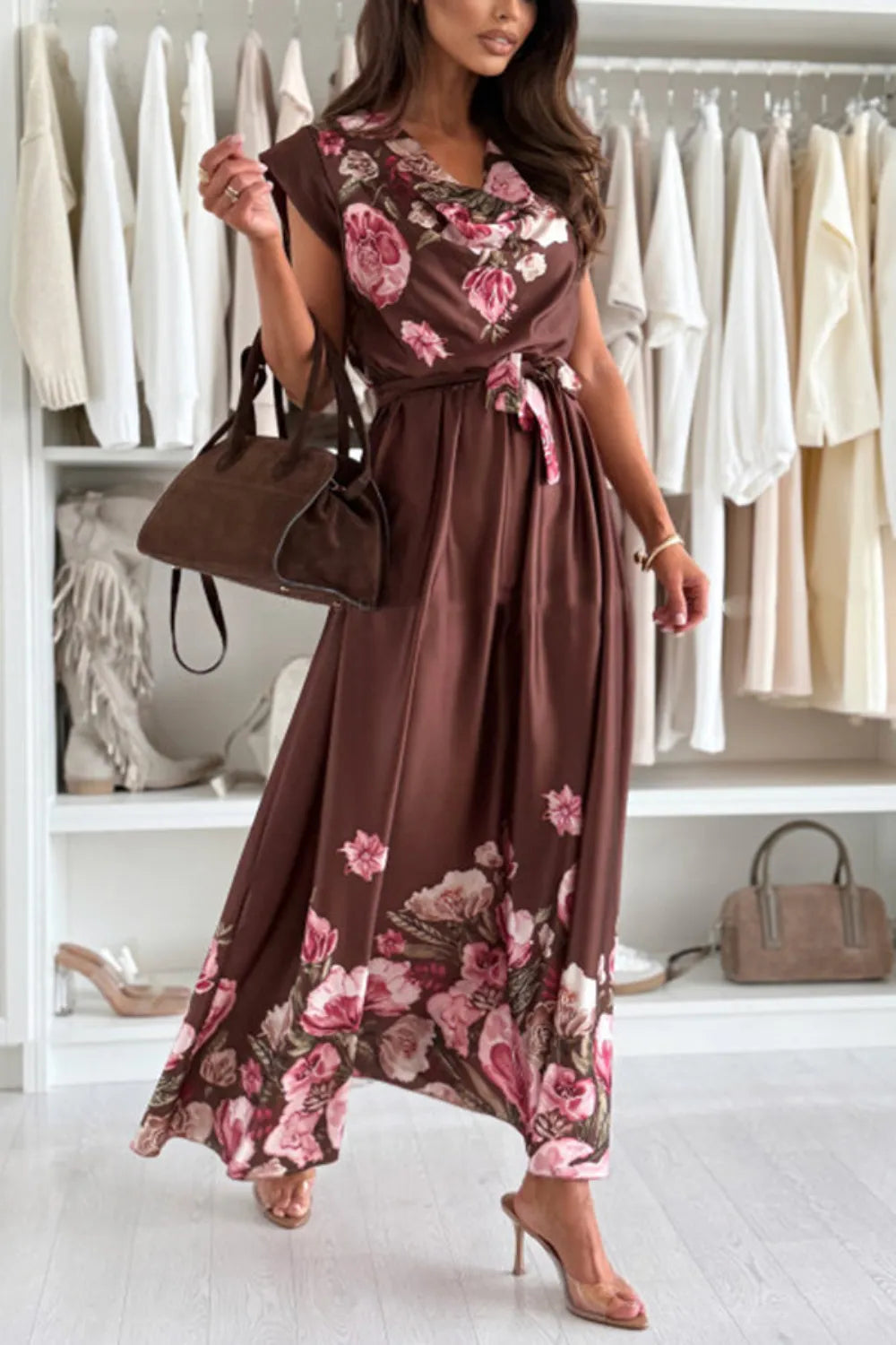 Floral Print Cap Sleeve Dress with Belt - Tigbul's Variety Fashion Shop