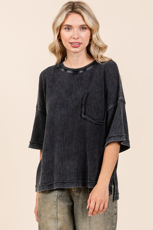 Ash Black Mineral Wash Waffle Knit Short Sleeve Top - Tigbul's Variety Fashion Shop