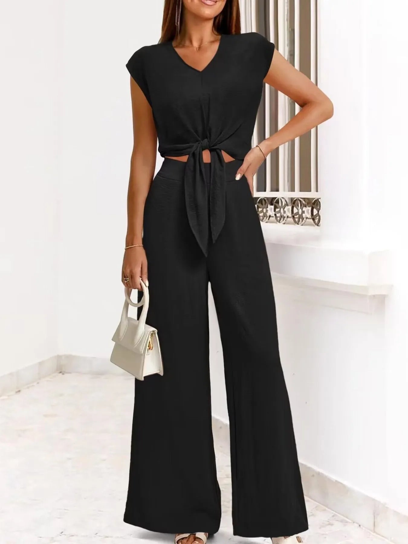 Tie Front Top and Wide Leg Pants Set - Tigbul's Variety Fashion Shop