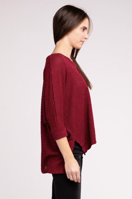 3/4 Sleeve V-Neck Hi-Low Hem Jacquard Sweater - Tigbul's Variety Fashion Shop