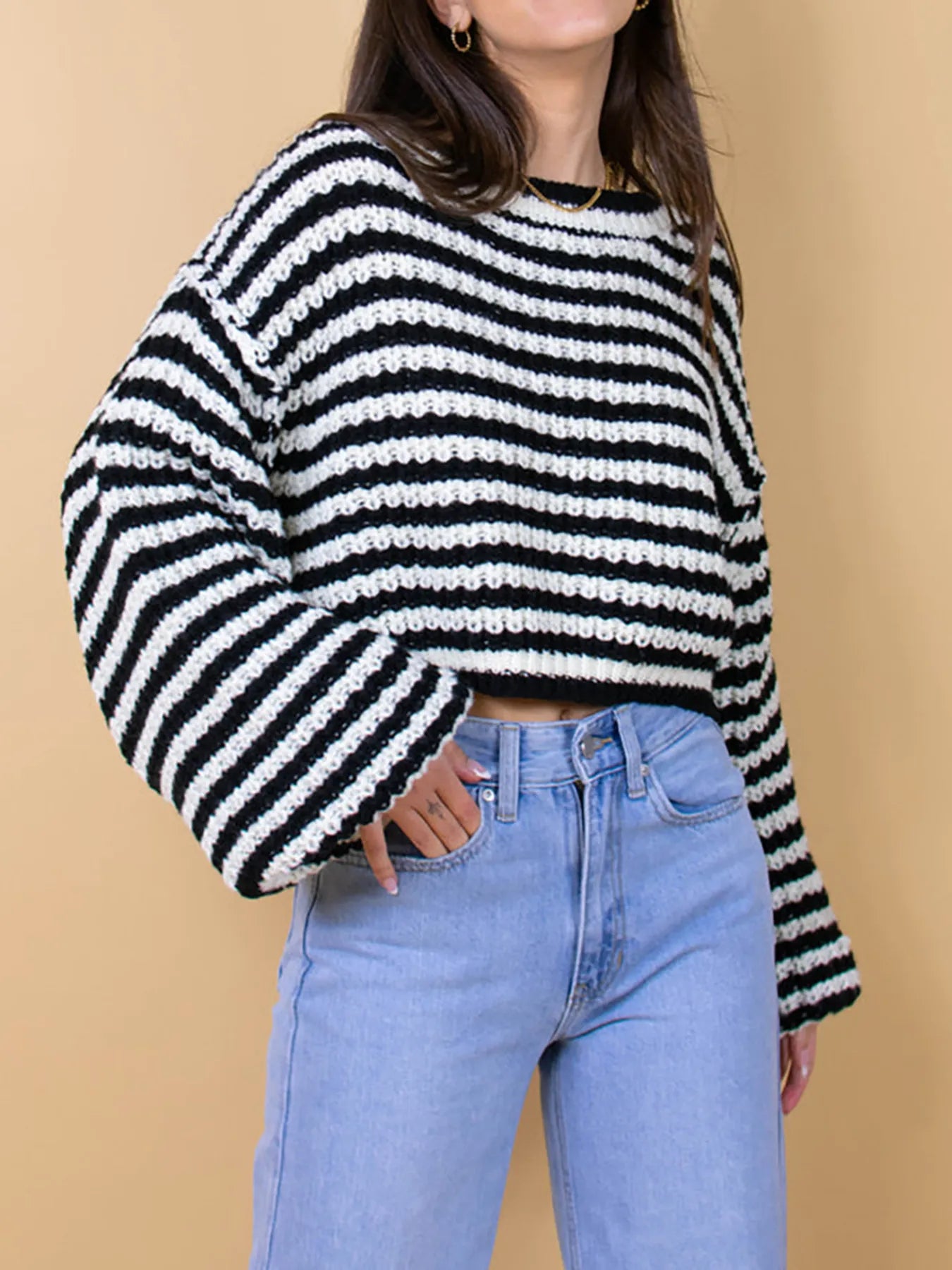 Oversized Striped Drop Shoulder Sweater - Tigbul's Variety Fashion Shop