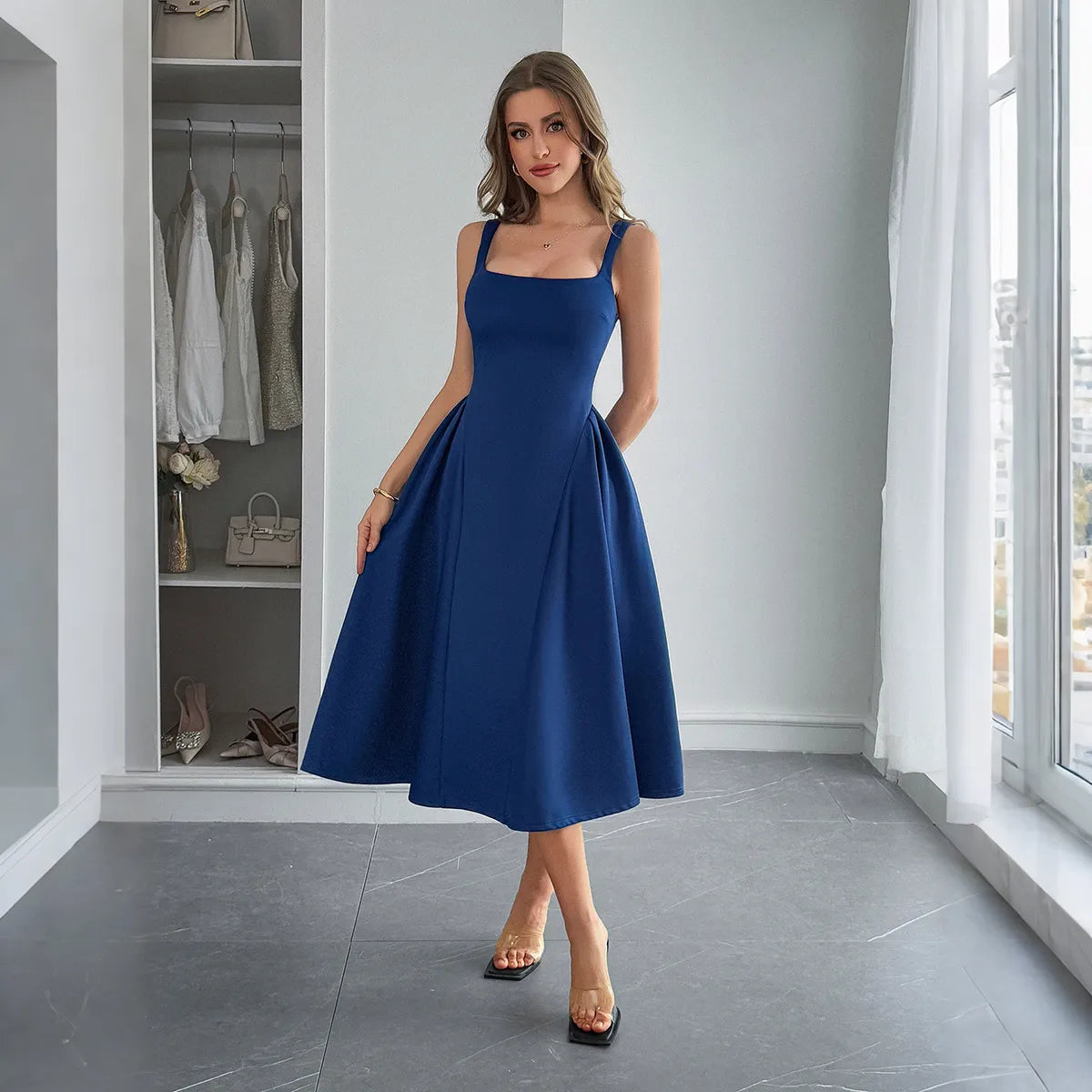 Square Neck Wide Strap Midi Dress - Tigbul's Variety Fashion Shop