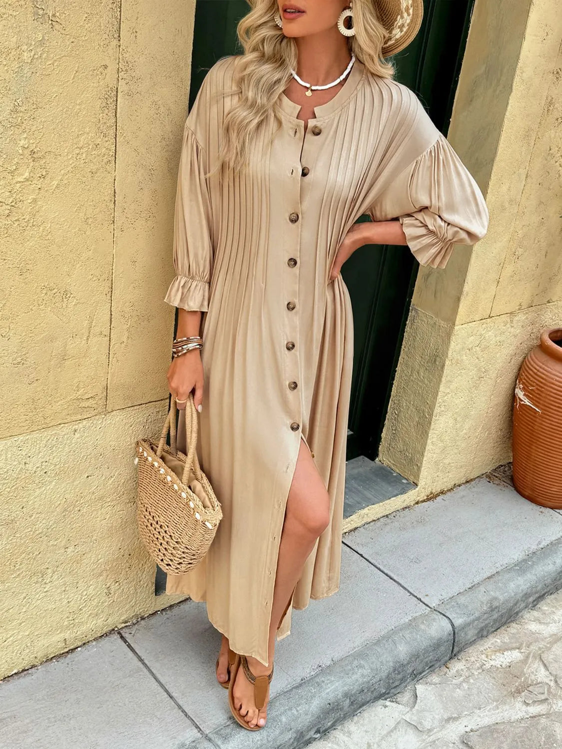 Button Front Flounce Sleeve Tan Dress - Tigbul's Variety Fashion Shop