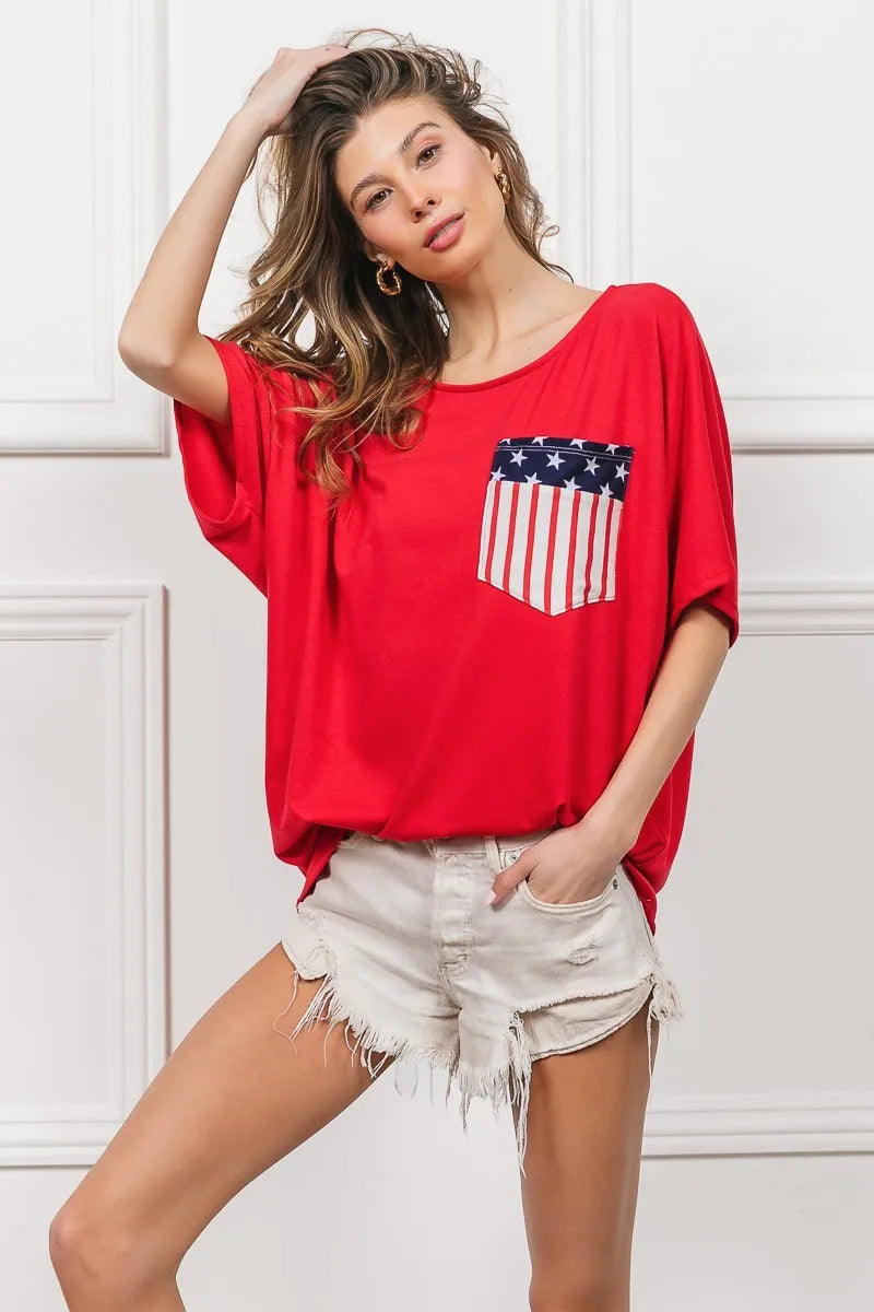 Red French Terry With Front Pocket Dolman Sleeves Top - Tigbul's Variety Fashion Shop