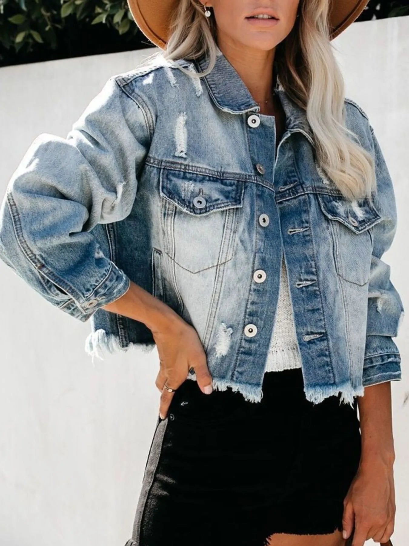 Distressed Raw Hem Denim Jacket - Tigbul's Variety Fashion Shop