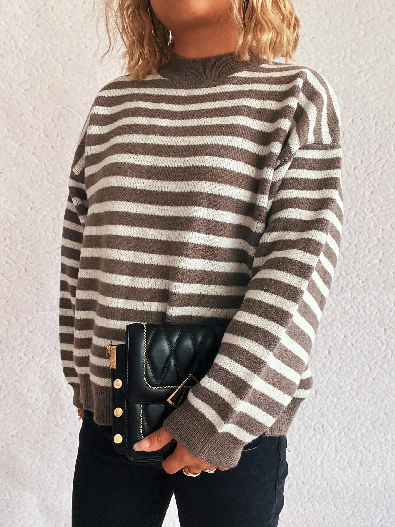 Striped Mock Neck Long Sleeve Sweater - Tigbul's Variety Fashion Shop