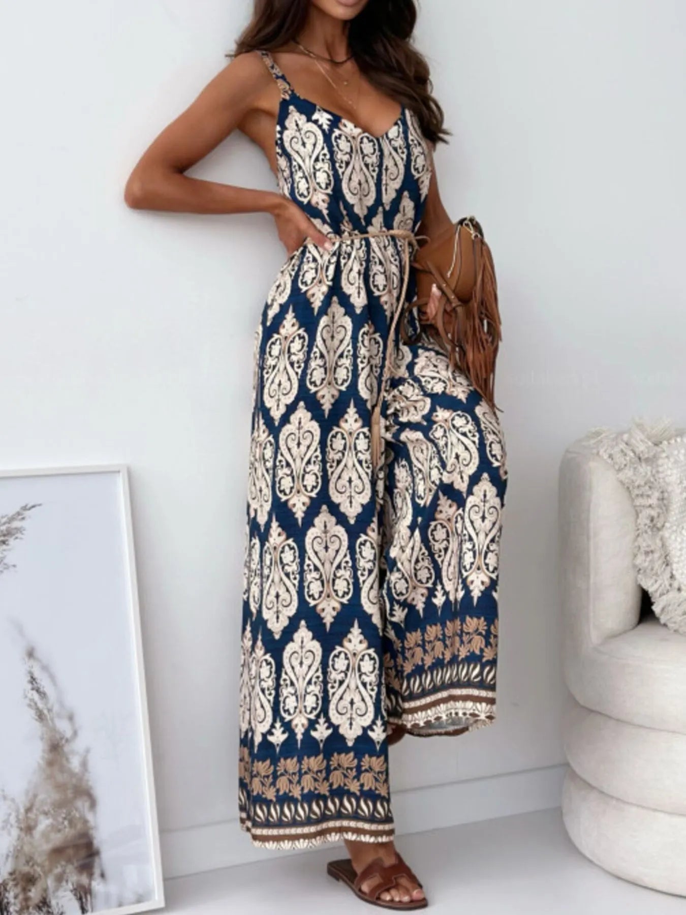 Paisley Print Spaghetti Strap Wide Leg Jumpsuit - Tigbul's Variety Fashion Shop
