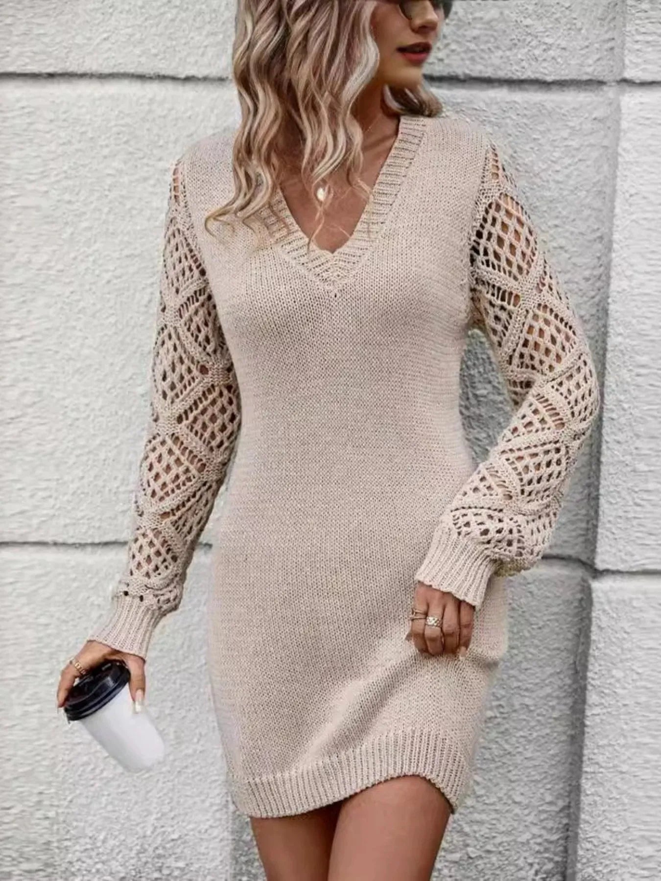 V-Neck Hollow Out Sleeve Sweater Dress - Tigbul's Variety Fashion Shop
