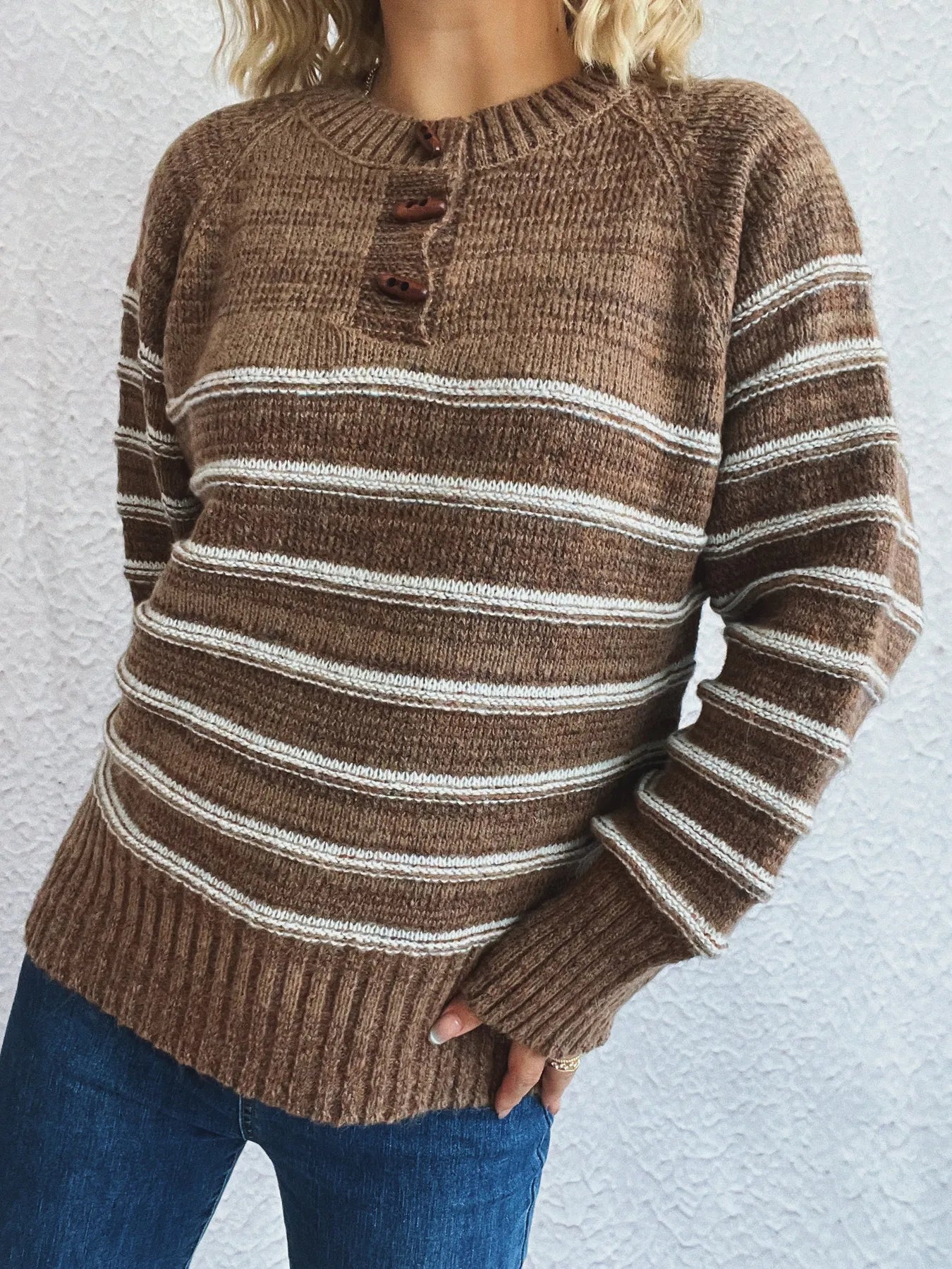 Striped Button Detail Long Sleeve Sweater - Tigbul's Variety Fashion Shop
